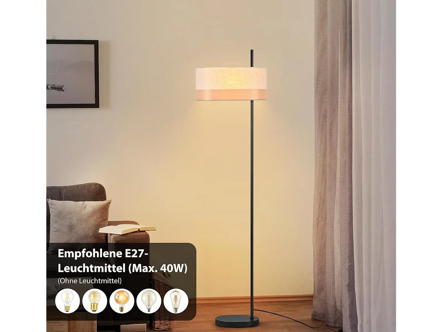 Online NETTLIFE Lámpara de pie vintage para salón: lámpara de pie de tela blanca con interruptor E27, estilo rústico retro para dormitorio (bombilla no incluida). Negro