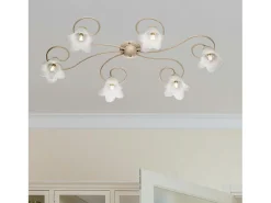 Plafón-Lámpara de techo Alice en hierro lacado marfil con decoración. Difusores de oro antiguo y cristal d. 14 alabastro blanco 6 luces L. 99 X 50 Dorado