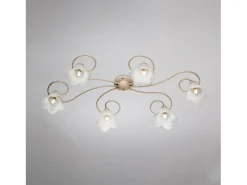 Plafón-Lámpara de techo Alice en hierro lacado marfil con decoración. Difusores de oro antiguo y cristal d. 14 alabastro blanco 6 luces L. 99 X 50 Dorado
