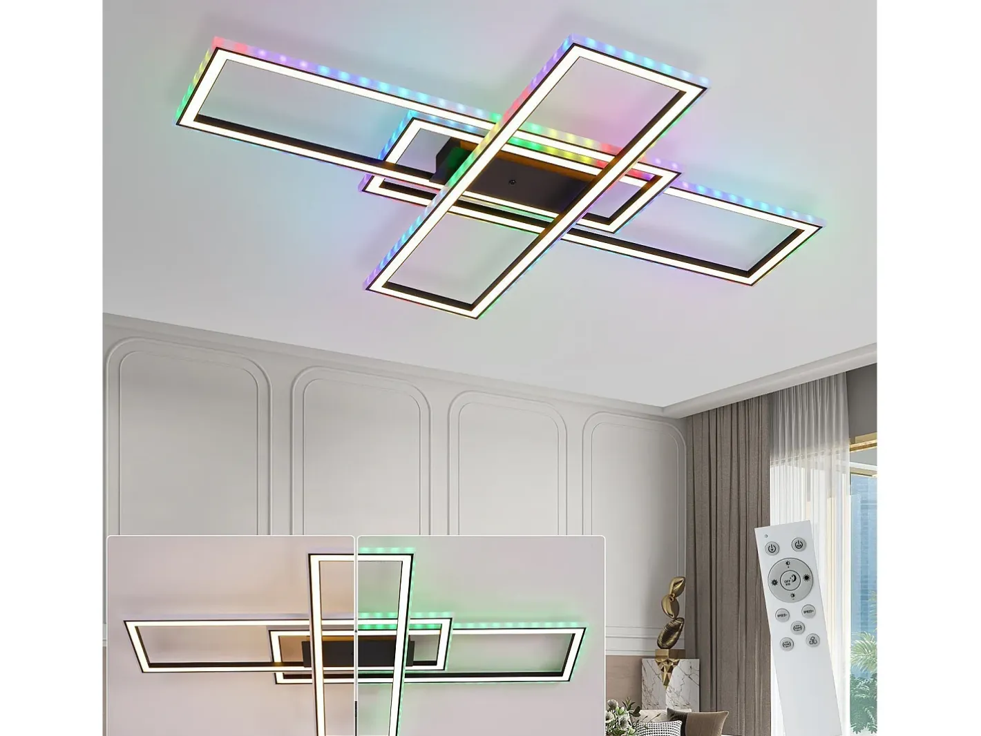Hot NETTLIFE Lámpara de techo LED para dormitorio - 35 W - Regulable - Negra - Con mando a distancia - Cambio de color RGB - Lámpara de techo cuadrada Negro