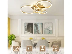 NETTLIFE Plafón-Lámpara de techo LED para sala de estar, color negro, regulable, para dormitorio, 61 cm, diseño moderno, con control remoto, 50 W. Dorado