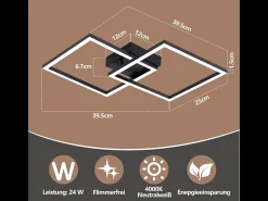 NETTLIFE Plafón-Lámpara de techo LED para dormitorio: lámpara de salón negra de 24 W, lámpara de cocina blanca neutra de 4000 K, diseño moderno y ajustable. Negro