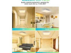 NETTLIFE Lámpara de techo LED para sala de estar, panel plano, 60 x 60 cm, 40 W, rectangular, 3000 K Blanco Hot