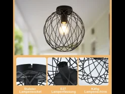 Discount NETTLIFE Lámpara de techo , estilo industrial vintage , para pasillo, E27, 1 bombilla, estilo retro, con jaula metálica. Negro