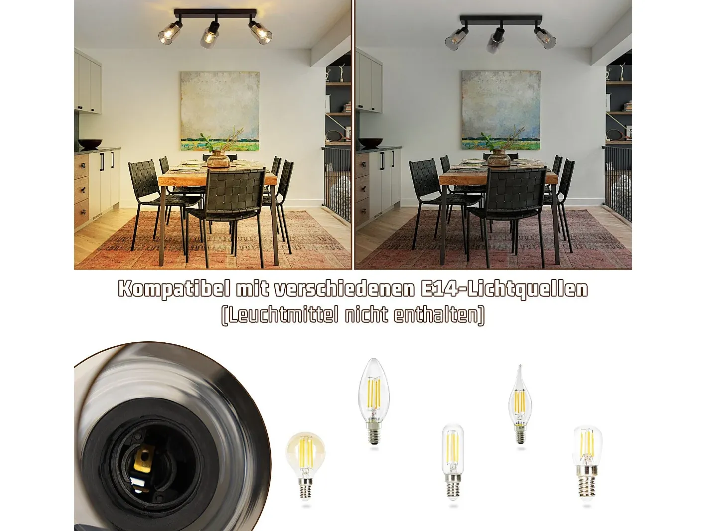NETTLIFE Lámpara de techo con 3 llamas, color , industrial, E14, para sala de estar Negro