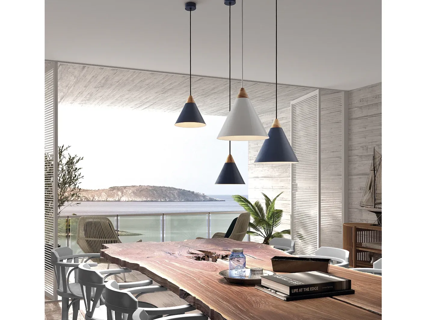 Sale Lámpara de techo ODA estilo moderno - Alt. 150 cm x D. 20 cm - E27 60W - acero y madera de fresno- - IP 20 Azul
