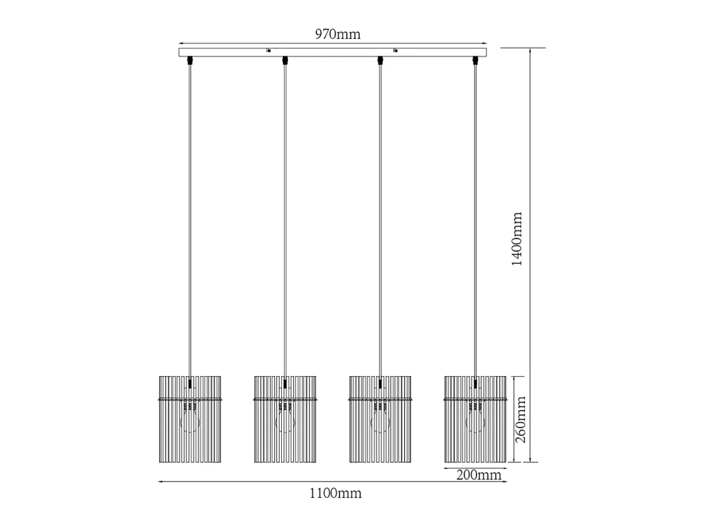 OZAIA Lámpara industrial 4 pantallas de vidrio ahumado . Medidas L. 110 x Alt. . 140cm DIVO Negro Best