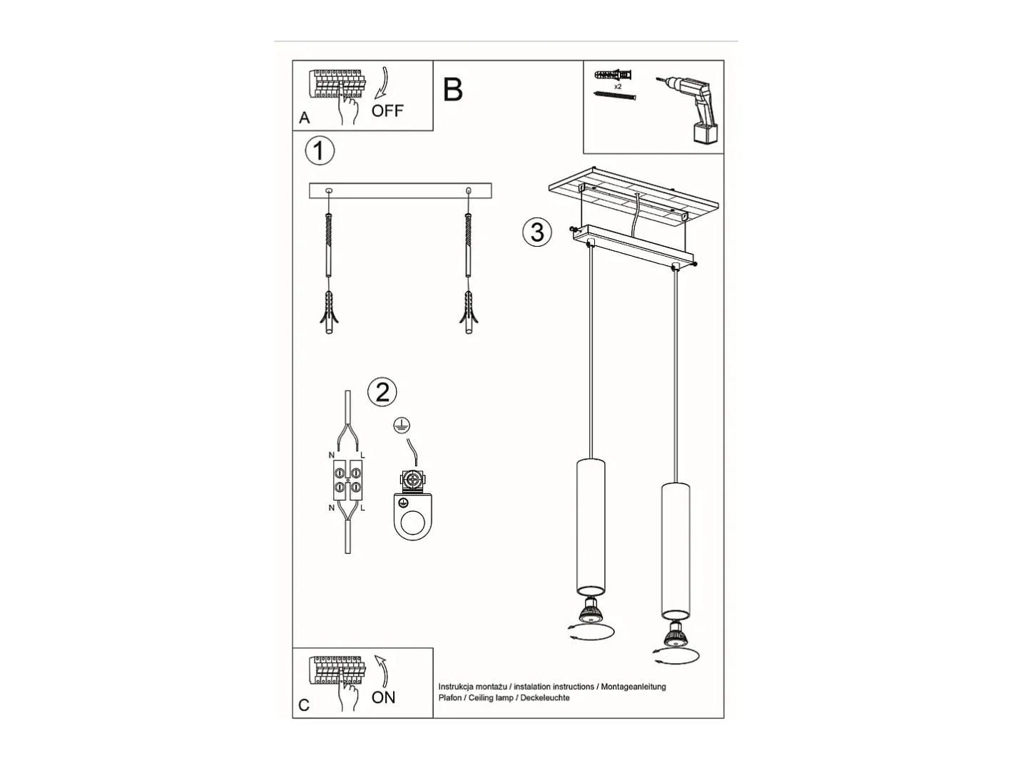 Sollux Lighting Lámpara Suspendida-Lámparas colgantes Toris moderno de acero - 2 fuentes luminosas 3000K - L.30 x A.90 cm - Negro