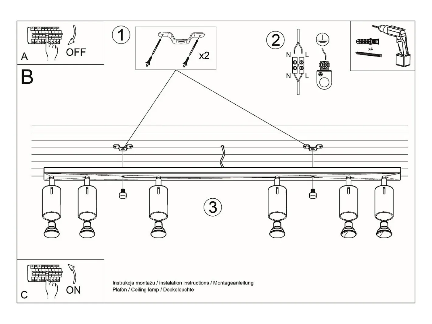 Sollux Lighting Plafón-Lámparas de techo Briix moderno de acero - 6 fuentes luminosas 3000K - L.118 x A.16 cm - Negro