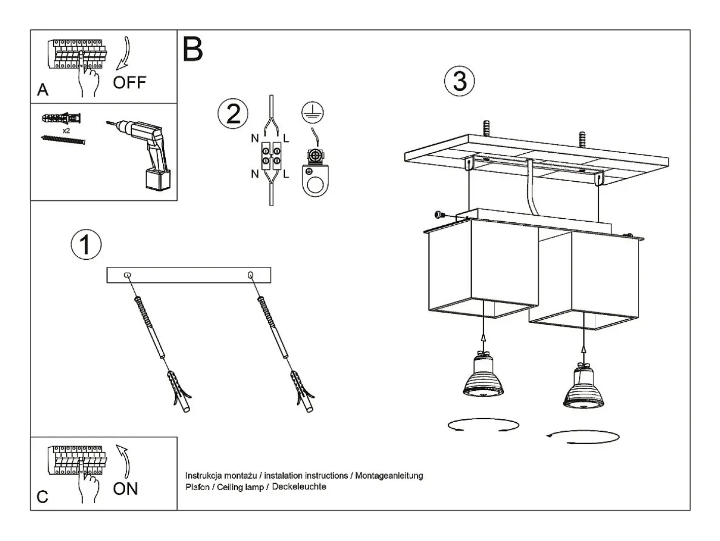 Sollux Lighting Plafón-Lámparas de techo Quadx moderno de aluminio - 2 fuentes luminosas 3000K - L.26 x A.12 cm - Negro