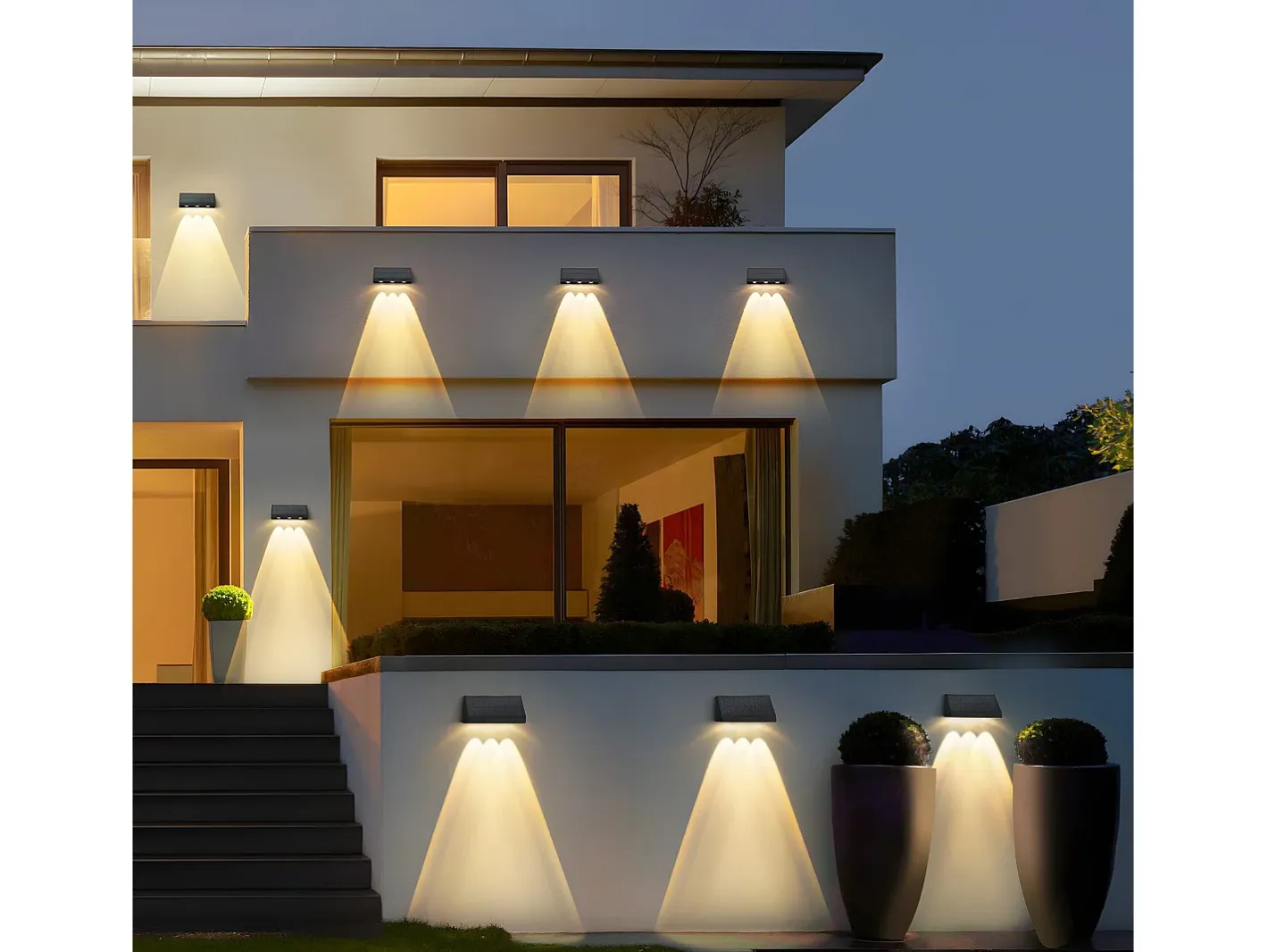 NETTLIFE Iluminación Exterior-Lámparas solares para exteriores - 2 apliques solares LED de pared para exteriores, 3000 K, blanco cálido Negro