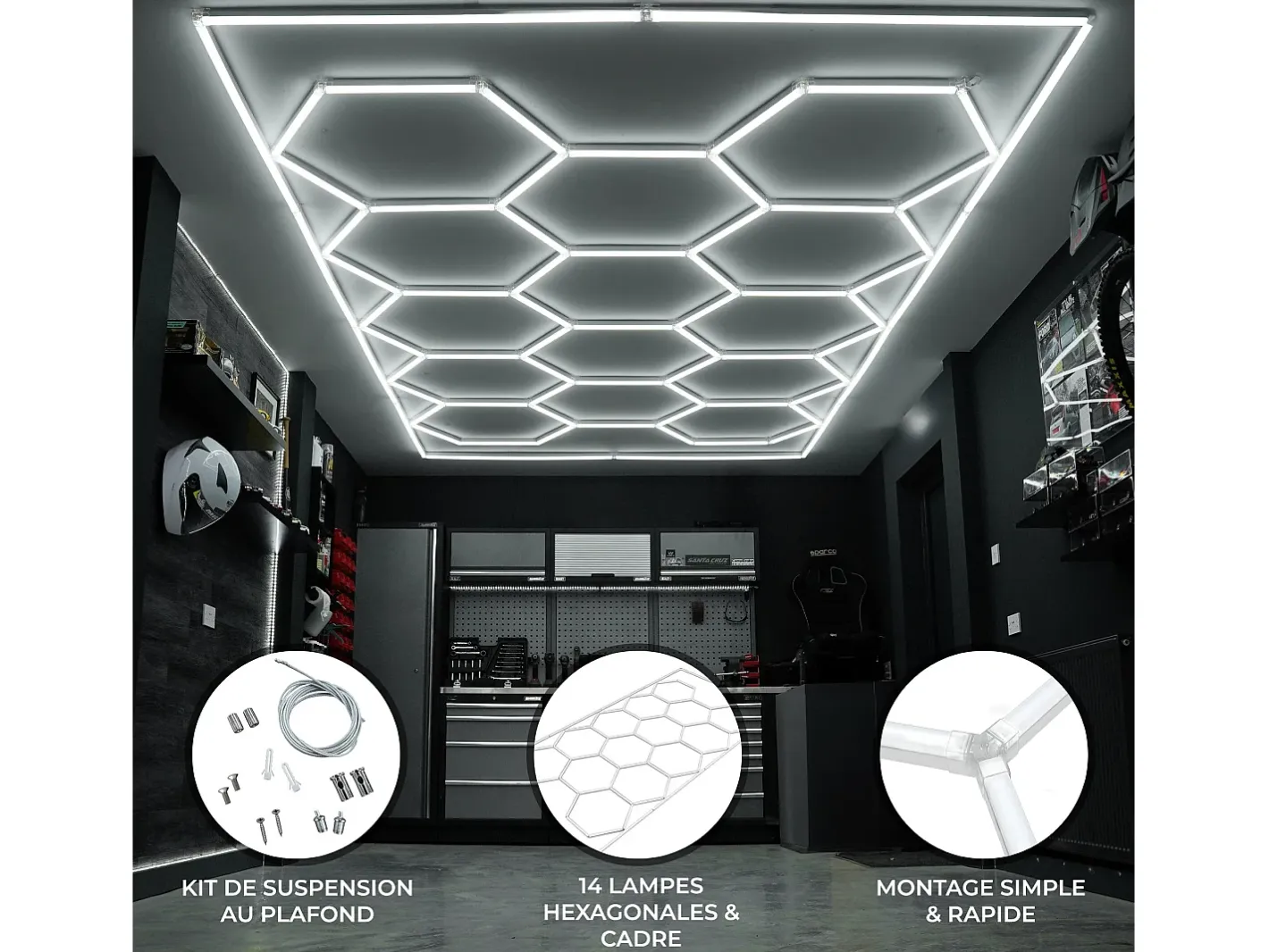 Monstershop Plafón-Luz LED hexagonal 14 luces y borde Detalle del coche Garaje Taller Gimnasio Panal Blanco