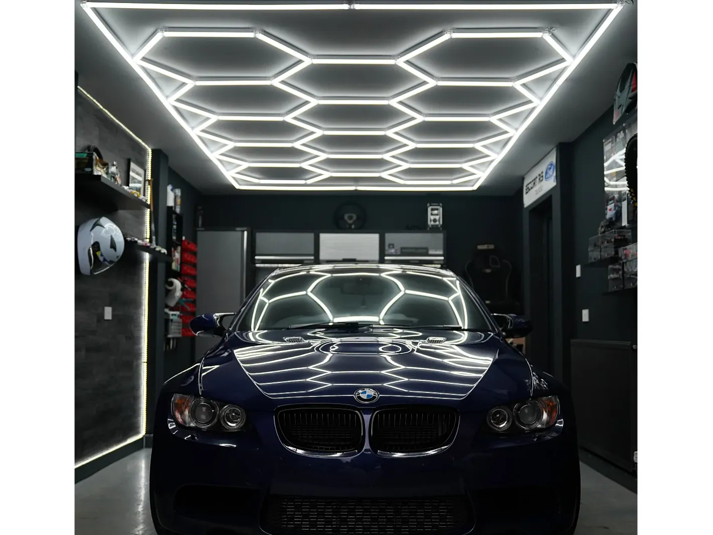 Monstershop Plafón-Luz LED hexagonal 14 luces y borde Detalle del coche Garaje Taller Gimnasio Panal Blanco