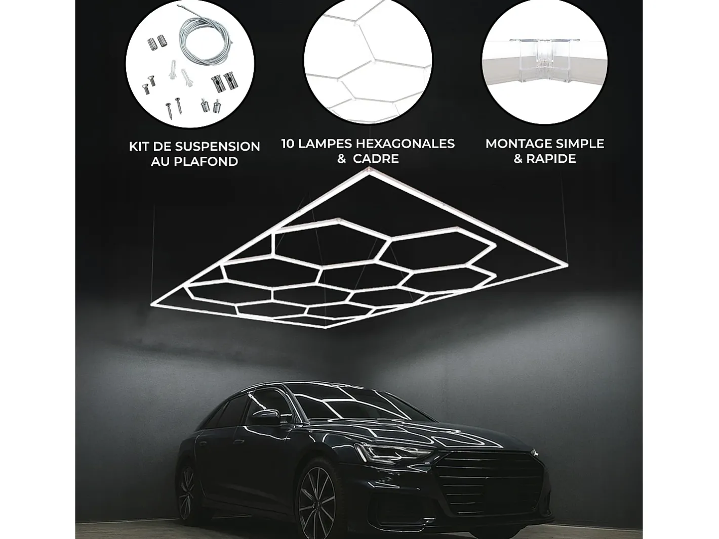Monstershop Plafón-Luz LED hexagonal 10 panales y borde Detalle del coche Garaje Taller Gimnasio Panal Blanco