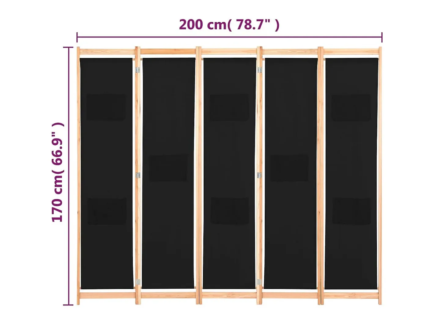 Mampara divisoria de 5 paneles Tela Negra 200 x 170 x 4 cm Negro New