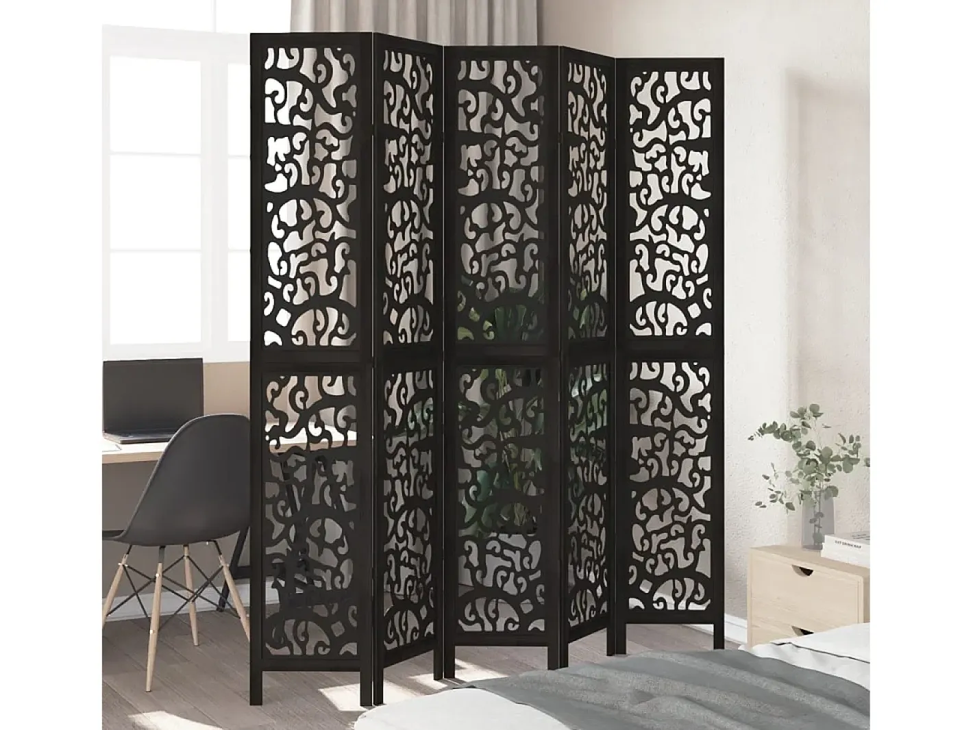 Best Mampara divisoria de 5 paneles en madera maciza de paulownia negra Negro