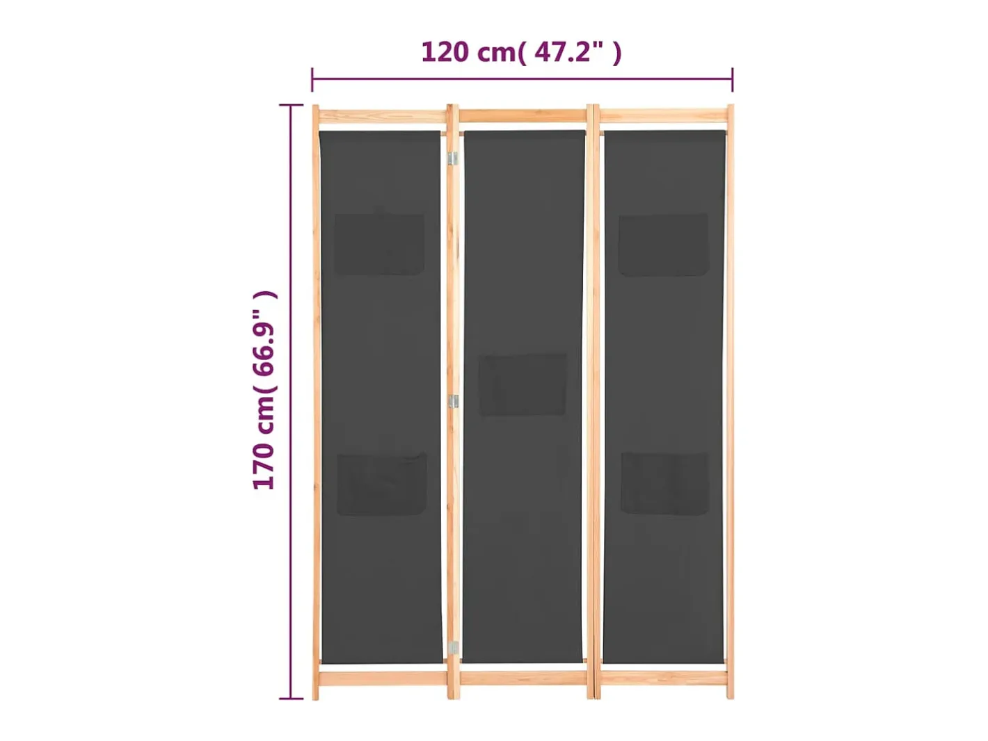 Biombo-Mampara divisoria de 3 paneles 120x170x4 cm Tela Gris