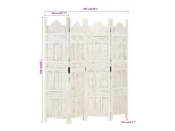 Biombo-Mampara divisoria de 4 paneles 160x165 cm Madera de mango Blanco