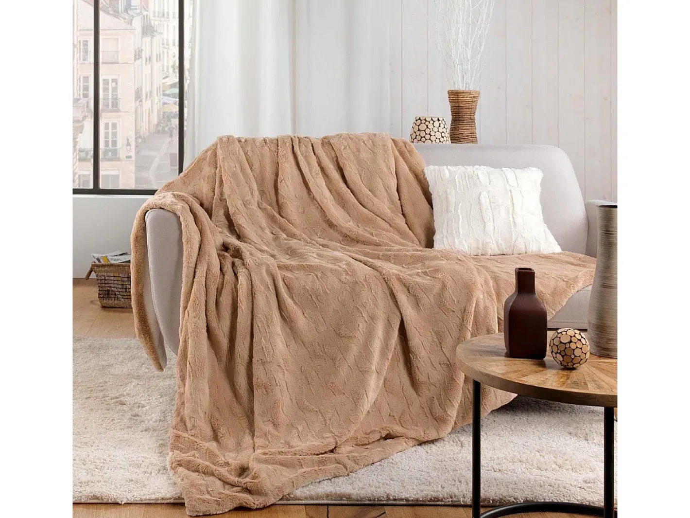 Douceur d'intérieur Manta de Imitación de Piel "Foxy" 180x220cm Arena Marru00f3n Hot