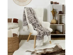 The Home Deco Factory Ropa De Casa-Manta de Punto Trenzado Taupe con Flecos 120x150 cm 100% Poliéster Confort Cocooning Marru00f3n
