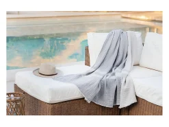 Soleil d'ocre Ropa De Cama-Manta de 150x200 cm en algodón gofre PIENZA natural y azul agua, de Toison d'or Multicolor