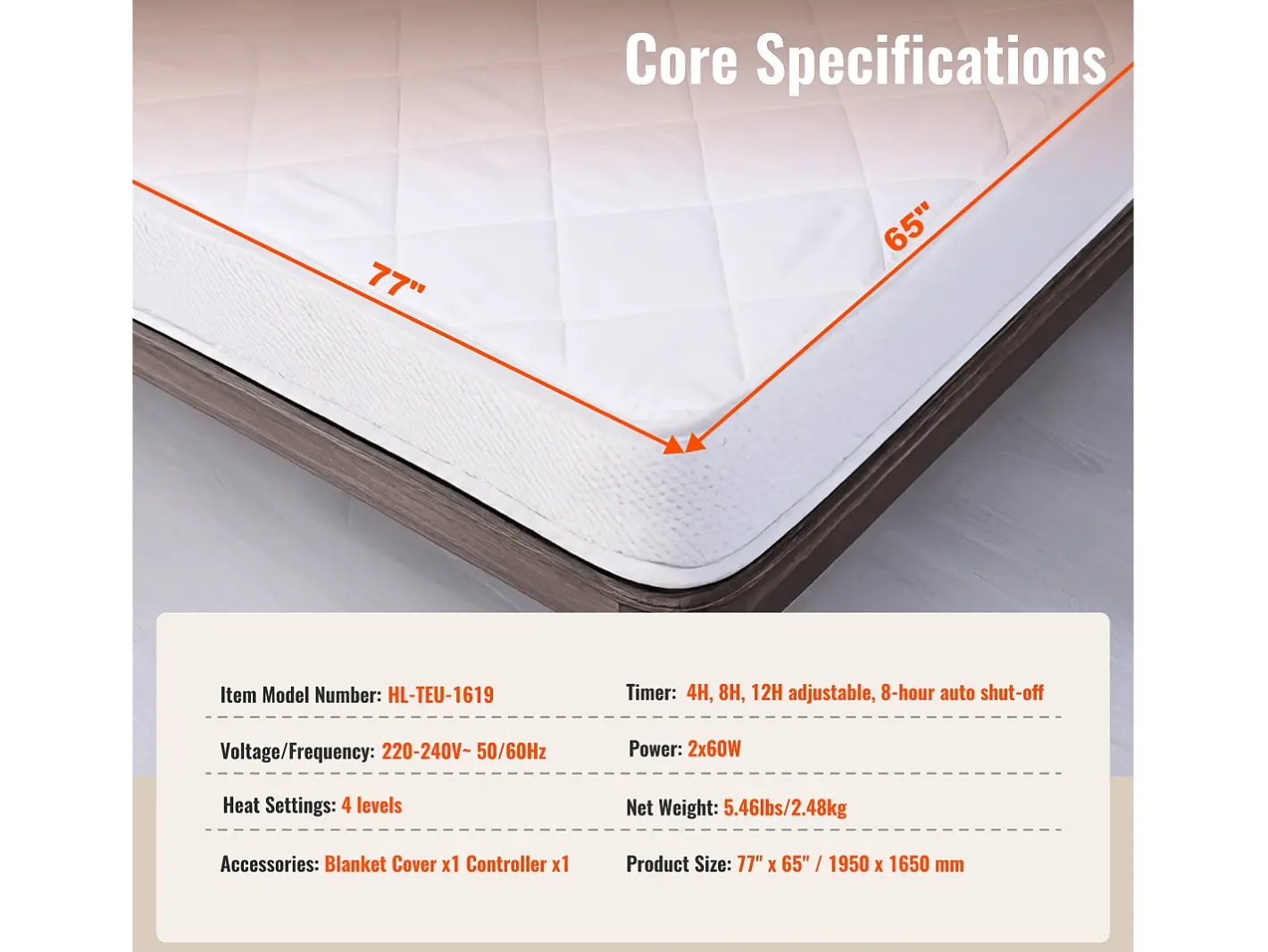 Manta Eléctrica Calefactable, SucceBuy Cubrecolchón Calefactable, 195 x 165 cm, Tamaño Queen, Calentador de Colchón Eléctrico con Temporizador Blanco Hot