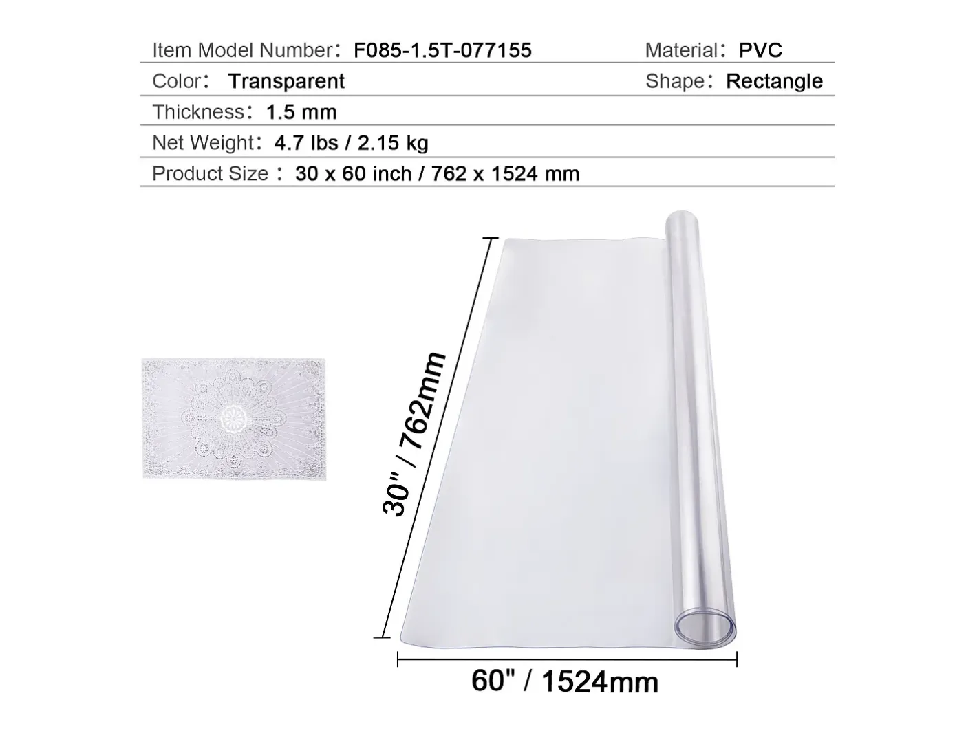 Mantelería-Mantel SucceBuy Protección de Mesa en PVC, 76 X 152 CM, Manguito en Plástico , 0.15CM de Grosor Transparente