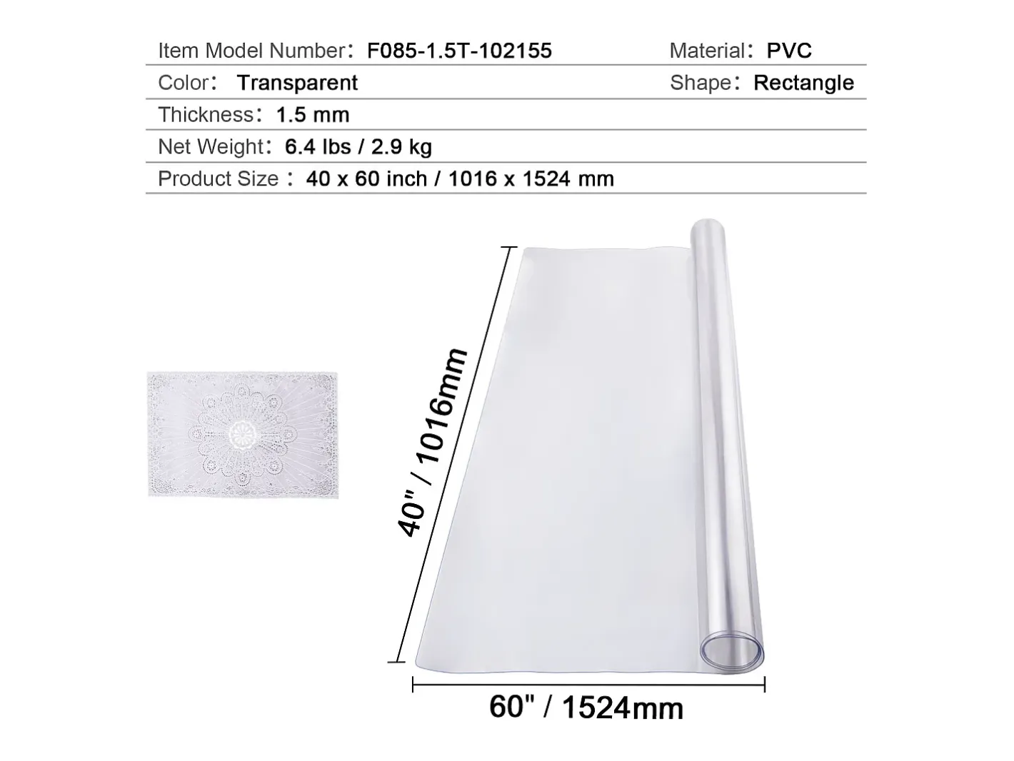 Mantel SucceBuy Tapete de Escritorio en PVC de 102 X 152 CM, Grosor de 0.15CM Transparente New