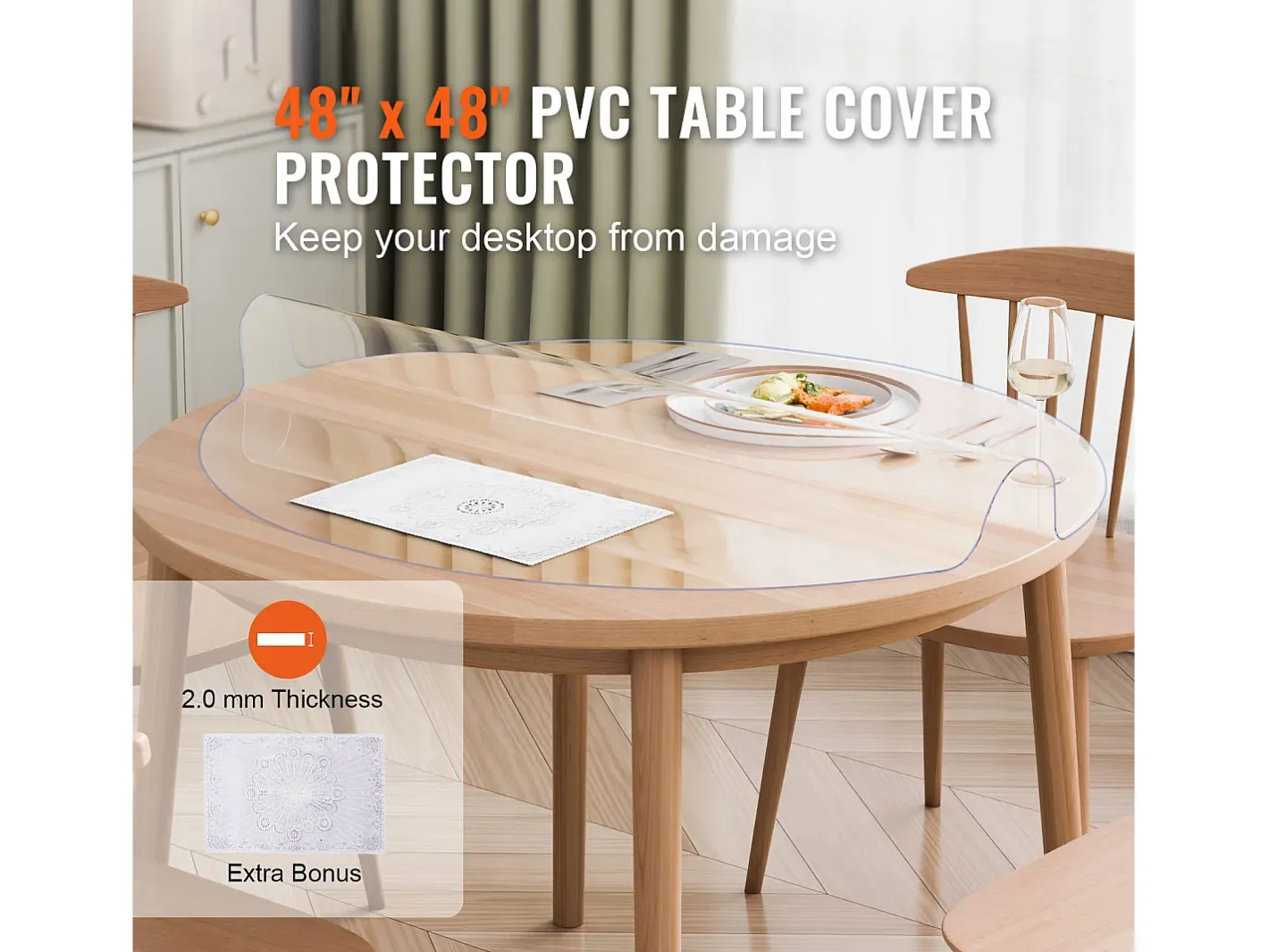 Outlet Mantel SucceBuy Protector de Mesa de PVC, Cubierta de Escritorio Redonda de Plástico de 121.92 cm, 2.0 mm de Grosor Transparente