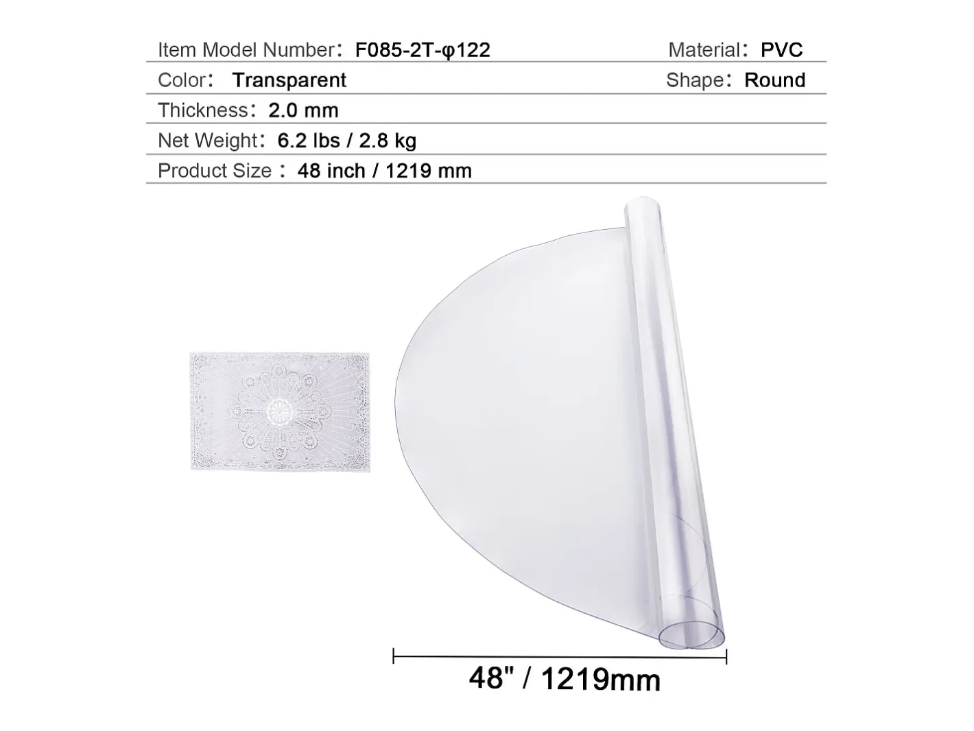 Outlet Mantel SucceBuy Protector de Mesa de PVC, Cubierta de Escritorio Redonda de Plástico de 121.92 cm, 2.0 mm de Grosor Transparente