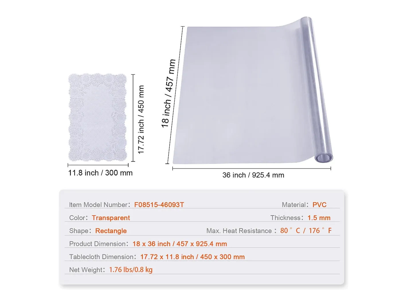 Mantelería-Mantel SucceBuy Protector de Mesa de PVC de 46 x 91 cm, Cubierta de Pl谩stico para Escritorio, 1,5 mm de Grosor Transparente