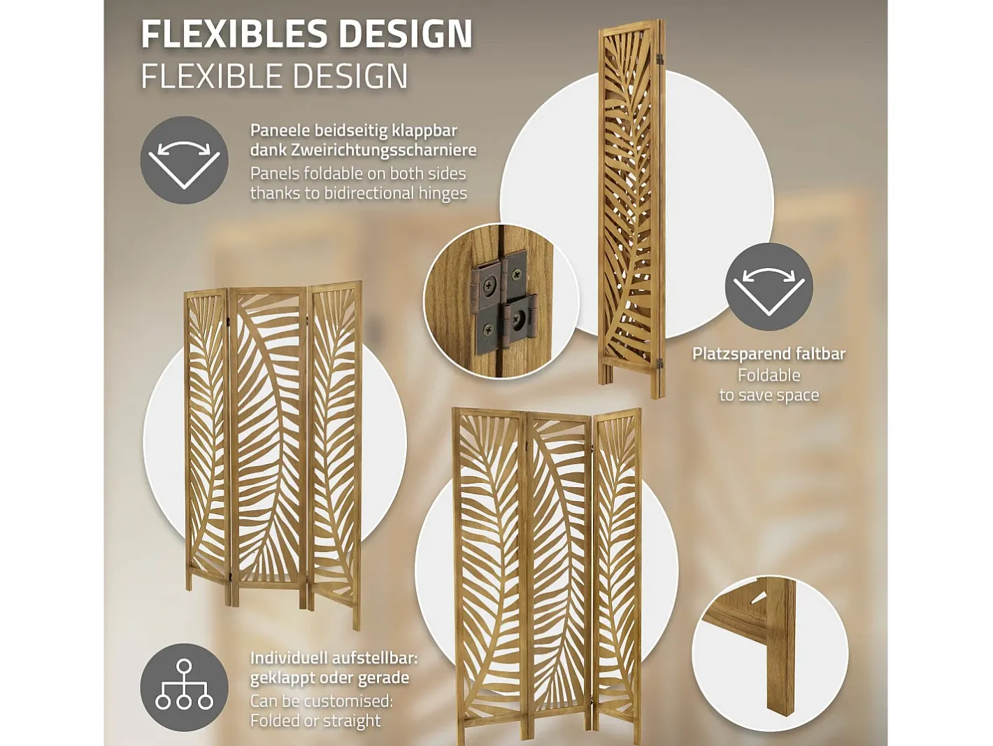 ML-DESIGN Biombo divisorio de 3 paneles modelo Fukuoka de madera natural 170 x 121 cm, separador de ambientes plegable japonés, pantalla de privacidad Marru00f3n Clearance