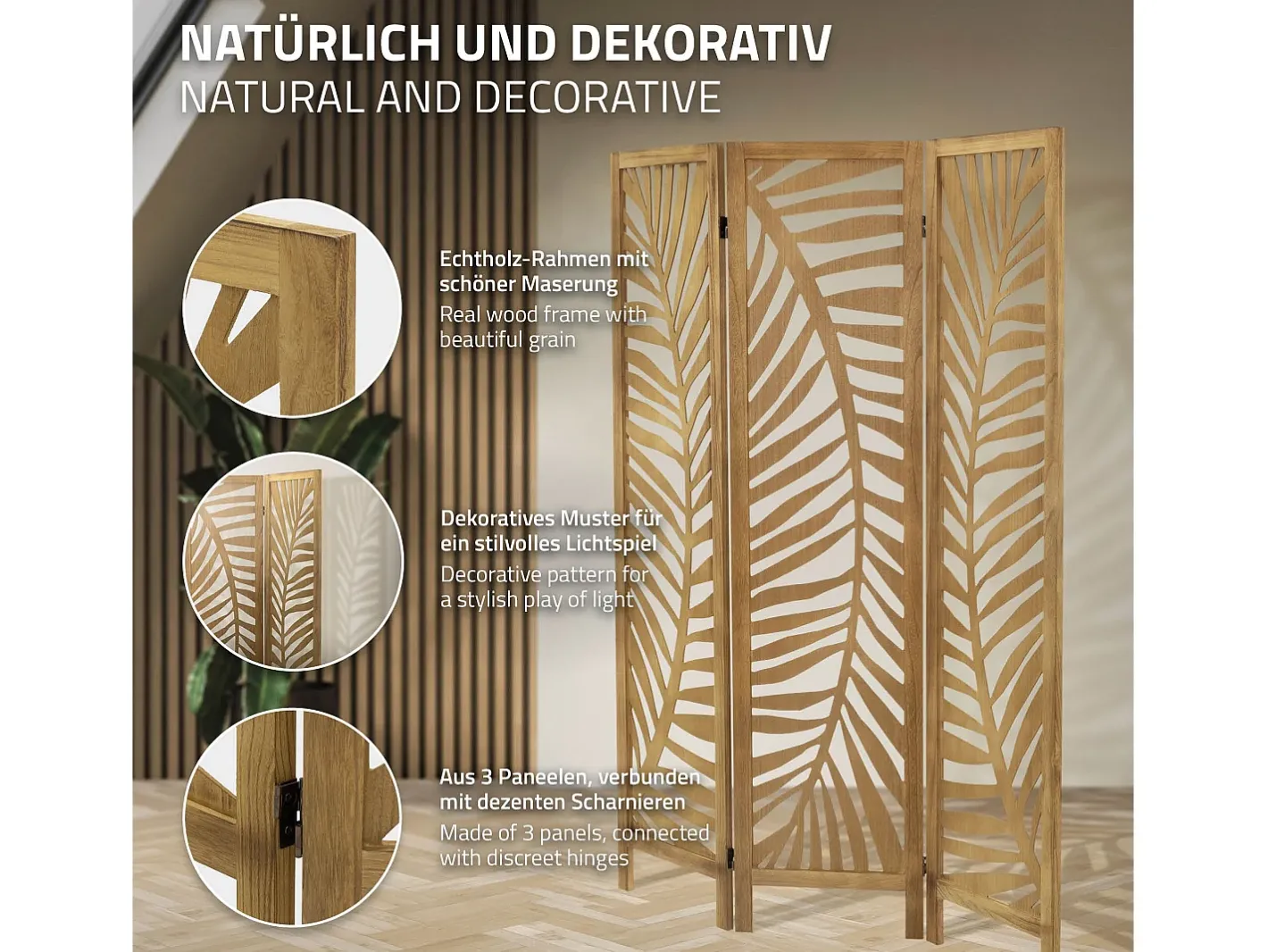 ML-DESIGN Biombo divisorio de 3 paneles modelo Fukuoka de madera natural 170 x 121 cm, separador de ambientes plegable japonés, pantalla de privacidad Marru00f3n Clearance