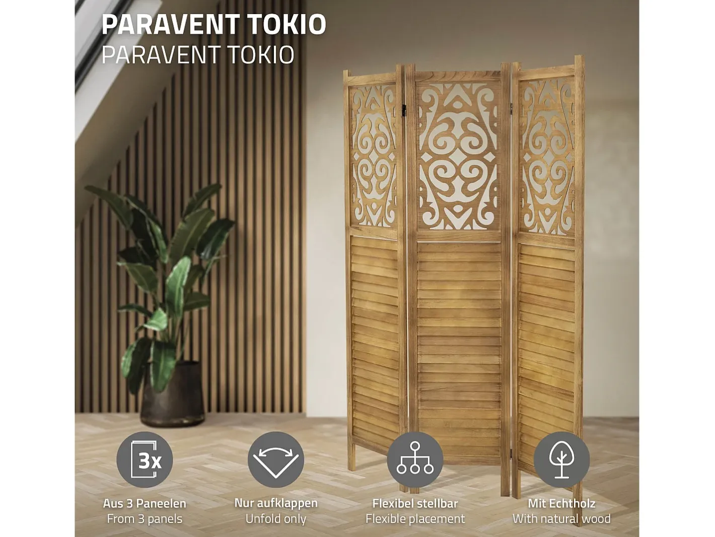 ML-DESIGN Biombo-Biombo divisorio de 3 paneles modelo tokio de madera natural 170 x 121 cm, separador de ambientes plegable japonés, pantalla de privacidad Marru00f3n