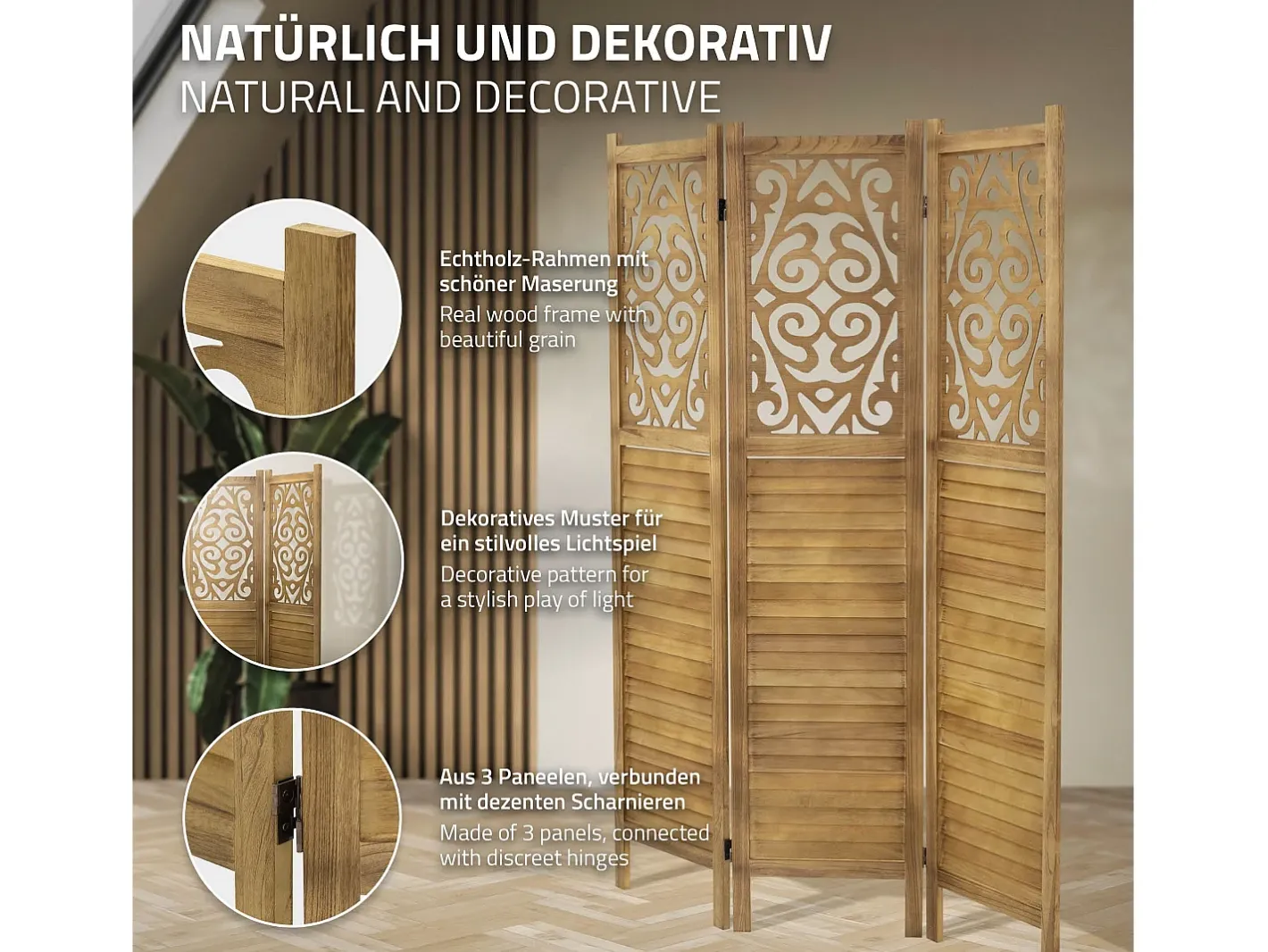 ML-DESIGN Biombo-Biombo divisorio de 3 paneles modelo tokio de madera natural 170 x 121 cm, separador de ambientes plegable japonés, pantalla de privacidad Marru00f3n