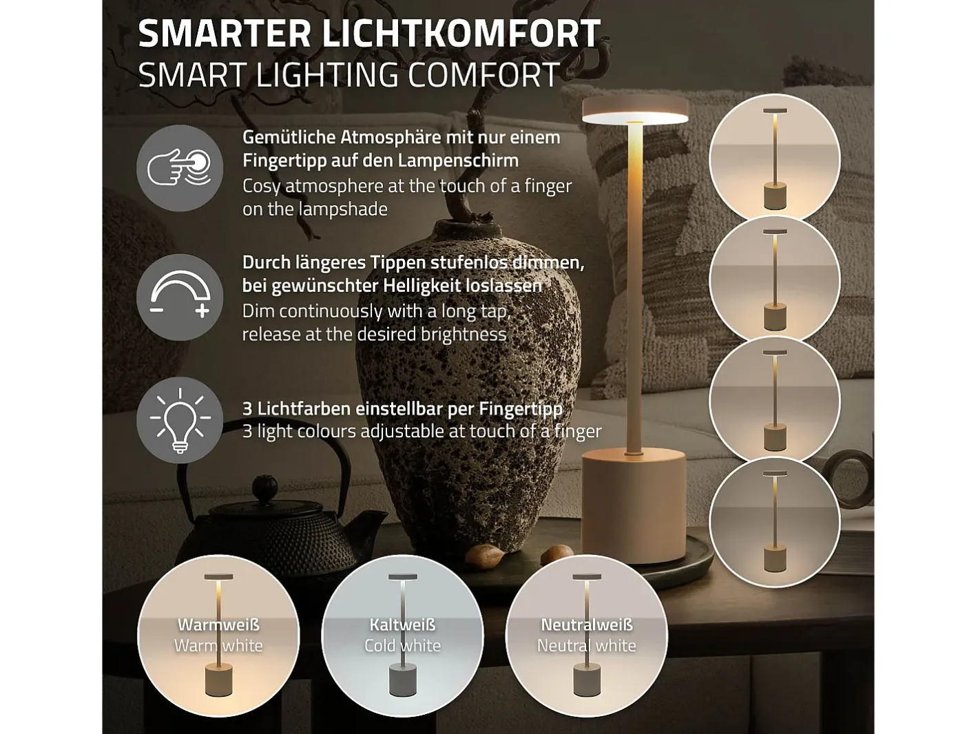 Hot ML-DESIGN Lámpara de mesa LED táctil inalámbrica Ø8x34,5cm foco de luz blanca regulable, recargable con USB-C para mesita, escritorio o estudio Crema