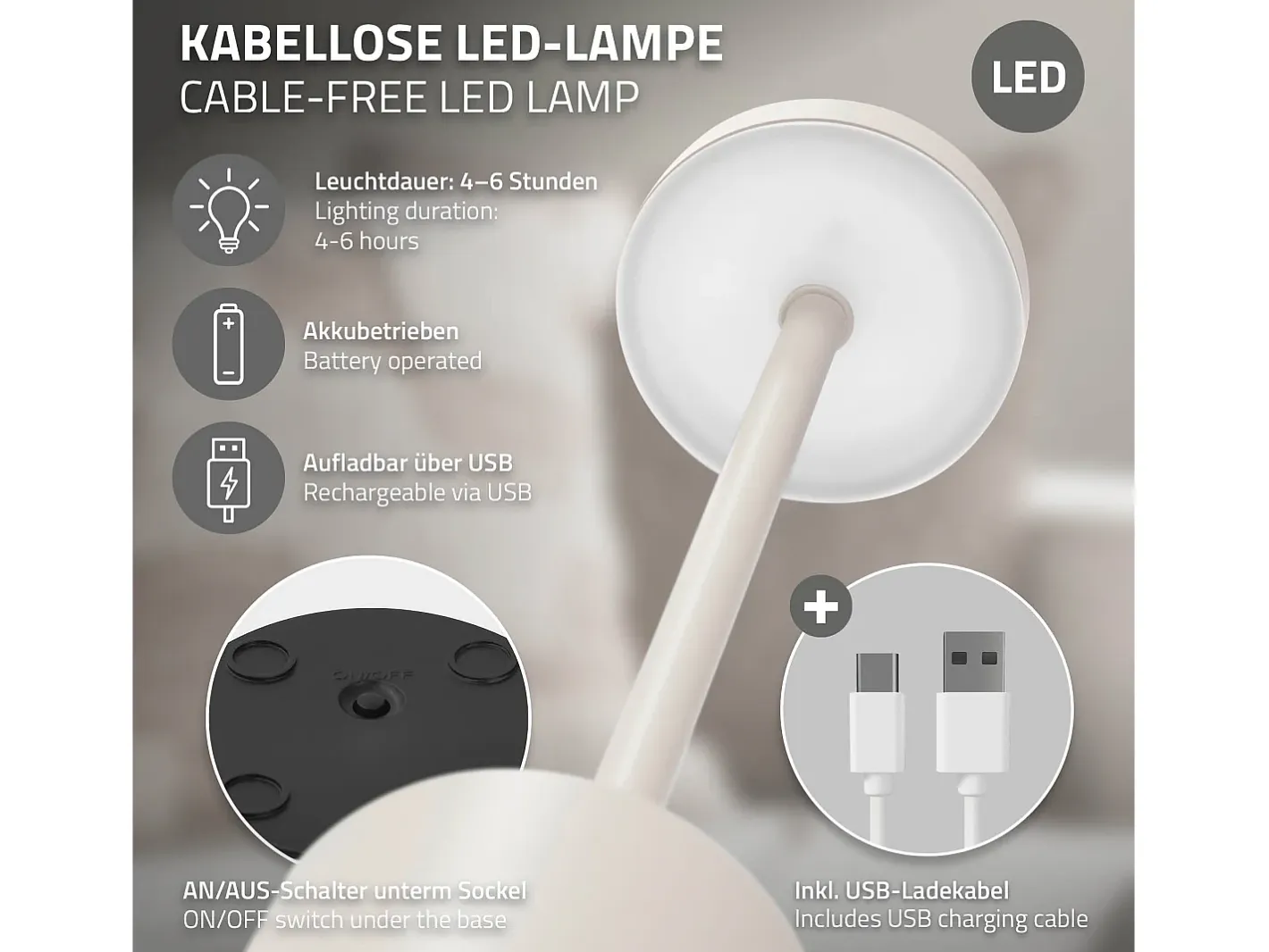 Hot ML-DESIGN Lámpara de mesa LED táctil inalámbrica Ø8x34,5cm foco de luz blanca regulable, recargable con USB-C para mesita, escritorio o estudio Crema