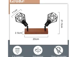 NETTLIFE Plafón-2 Focos de Techo de Madera Vintage E14 Orientable 350° en Metal, Plafón para Cocina, Salón, Dormitorio, , máx 25W Negro