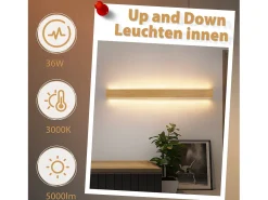 NETTLIFE Aplique Para Pared-- Lámpara de pared LED de madera para interiores (100 cm, 36 W, luz indirecta, arriba y abajo, blanco cálido de 3000 K) Marru00f3n
