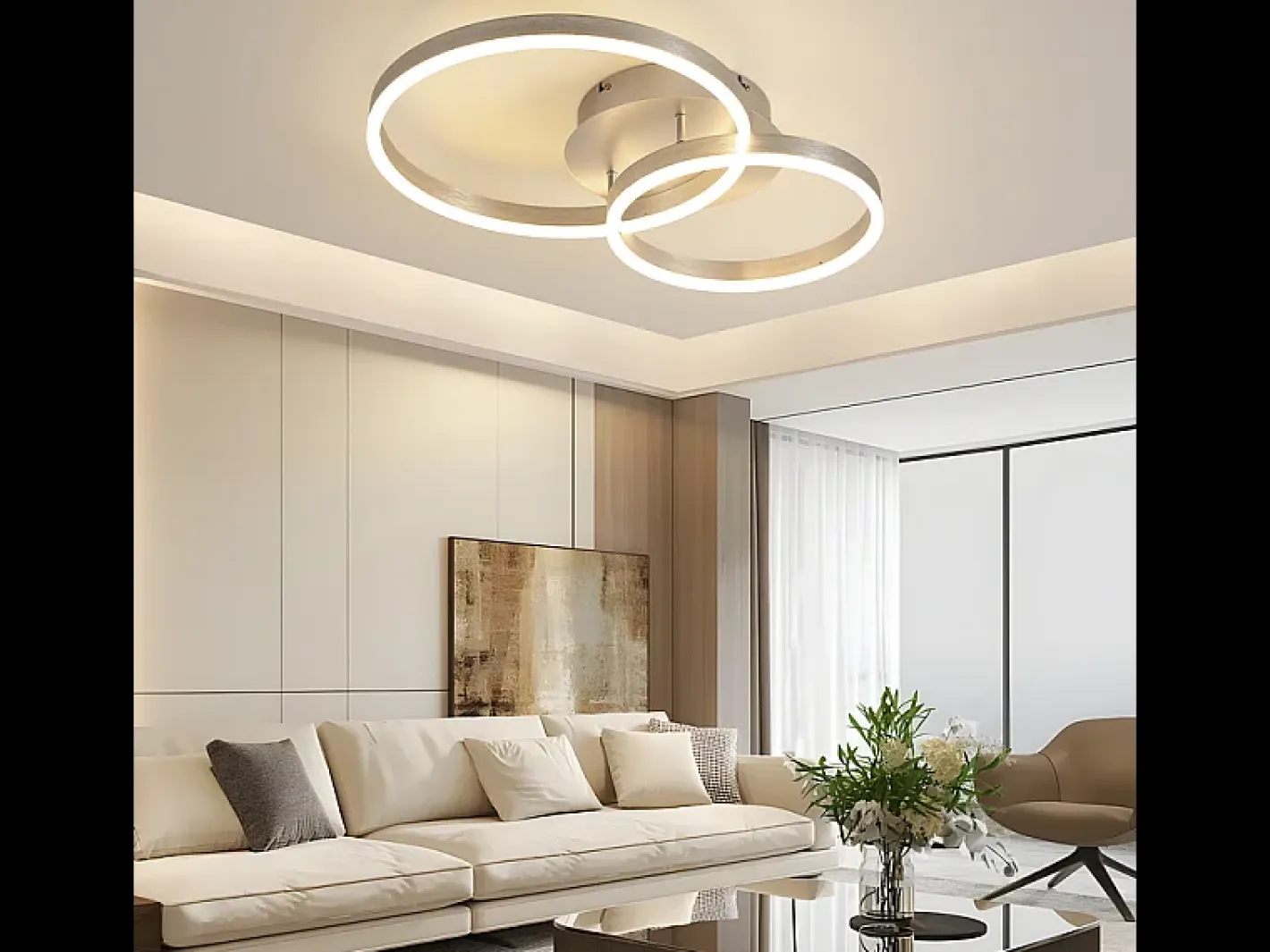 Hot NETTLIFE - Lámpara de techo LED moderna regulable de 2 anillos de metal y acrílico con mando a distancia, color plata, 59 cm, para salón Plateado