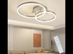 Hot NETTLIFE - Lámpara de techo LED moderna regulable de 2 anillos de metal y acrílico con mando a distancia, color plata, 59 cm, para salón Plateado