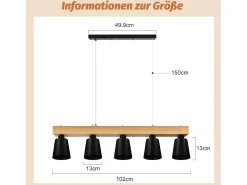 NETTLIFE - Suspensión con 5 bombillas E27 negra, diámetro de 102 cm, moderna, de metal y madera, lámpara para comedor/dormitorio/cocina/vestíbulo. Negro Discount