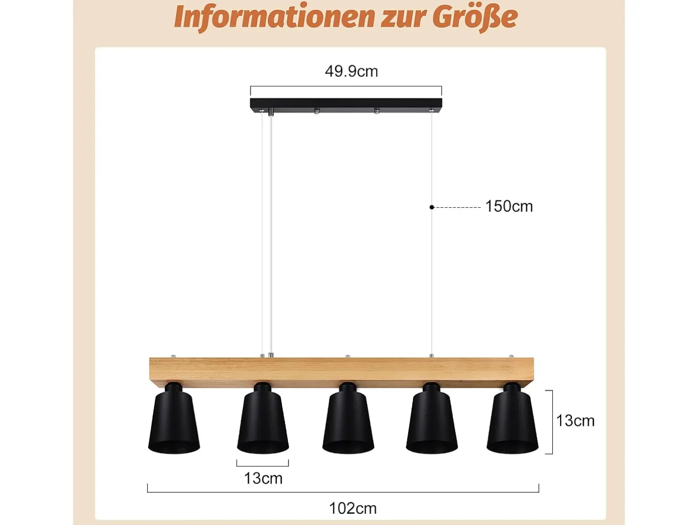 NETTLIFE - Suspensión con 5 bombillas E27 negra, diámetro de 102 cm, moderna, de metal y madera, lámpara para comedor/dormitorio/cocina/vestíbulo. Negro Discount