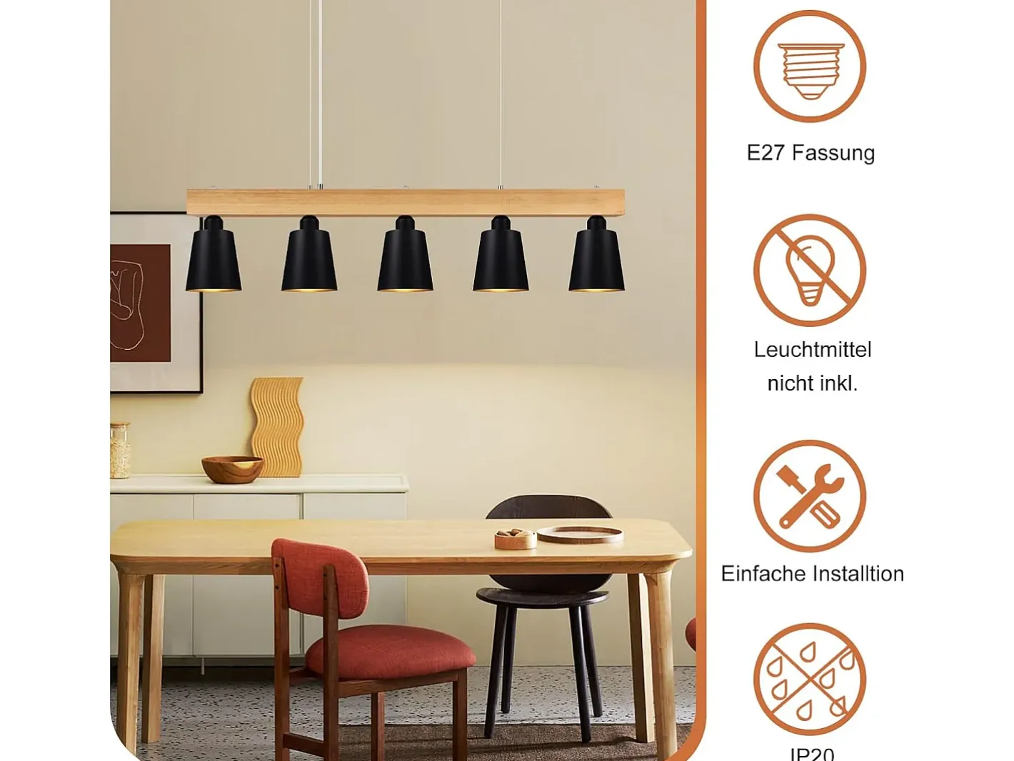 NETTLIFE - Suspensión con 5 bombillas E27 negra, diámetro de 102 cm, moderna, de metal y madera, lámpara para comedor/dormitorio/cocina/vestíbulo. Negro Discount