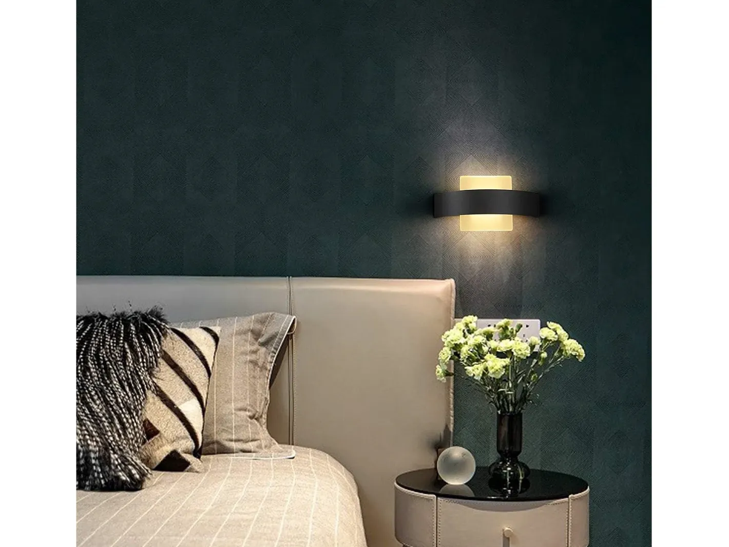 NETTLIFE Aplique Para Pared-. Aplicación LED mural para interiores, salón, pasillo, 23,5 cm, dormitorio, lámpara de cabecera en acrílico, blanco cálido 3000K, 7W. Negro