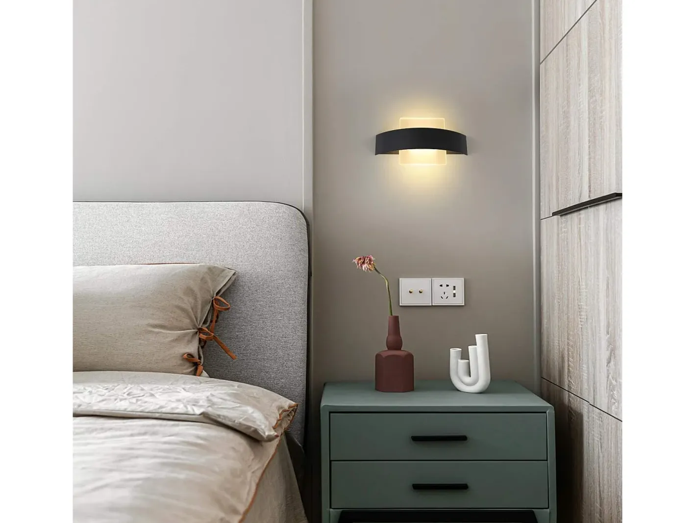 NETTLIFE Aplique Para Pared-. Aplicación LED mural para interiores, salón, pasillo, 23,5 cm, dormitorio, lámpara de cabecera en acrílico, blanco cálido 3000K, 7W. Negro