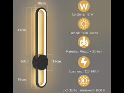 NETTLIFE Aplique LED de pared para interiores - Lámpara de escalera de 12 W, 60 cm, color , diseño moderno, lámpara de pasillo, 3000 K Negro Outlet
