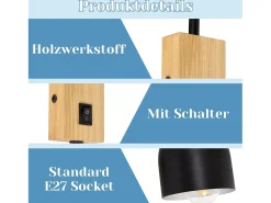 Outlet NETTLIFE Apliques de Pared Aplique de Madera con Interruptor - Aplique E27 Foco de Pared Giratorio Lámpara de Pasillo Vintage de Metal Interior Negro