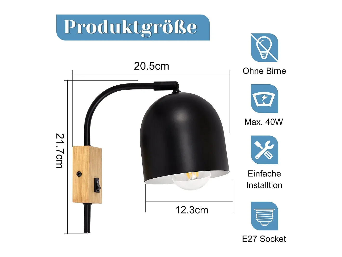 Outlet NETTLIFE Apliques de Pared Aplique de Madera con Interruptor - Aplique E27 Foco de Pared Giratorio Lámpara de Pasillo Vintage de Metal Interior Negro