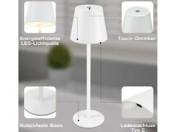 NETTLIFE Lámpara De Mesa-Dos lámparas de mesa sin cable, luz táctil con batería, lámpara exterior de mesa con 2600 mAh - LED, , recargable por USB. Blanco